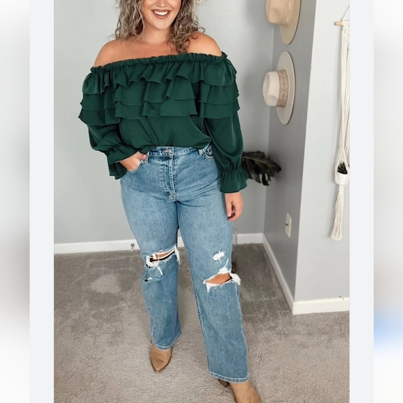 Byinns Women's Off The Shoulder Layered Ruffle Top in Emerald size XXL - Picture 12 of 13